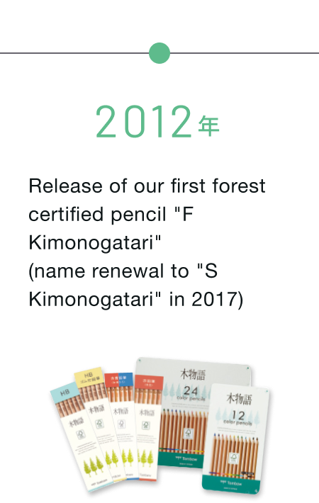 2012年 当社初の森林認証鉛筆「F木物語」発売（2017年「S木物語」にリニューアル）